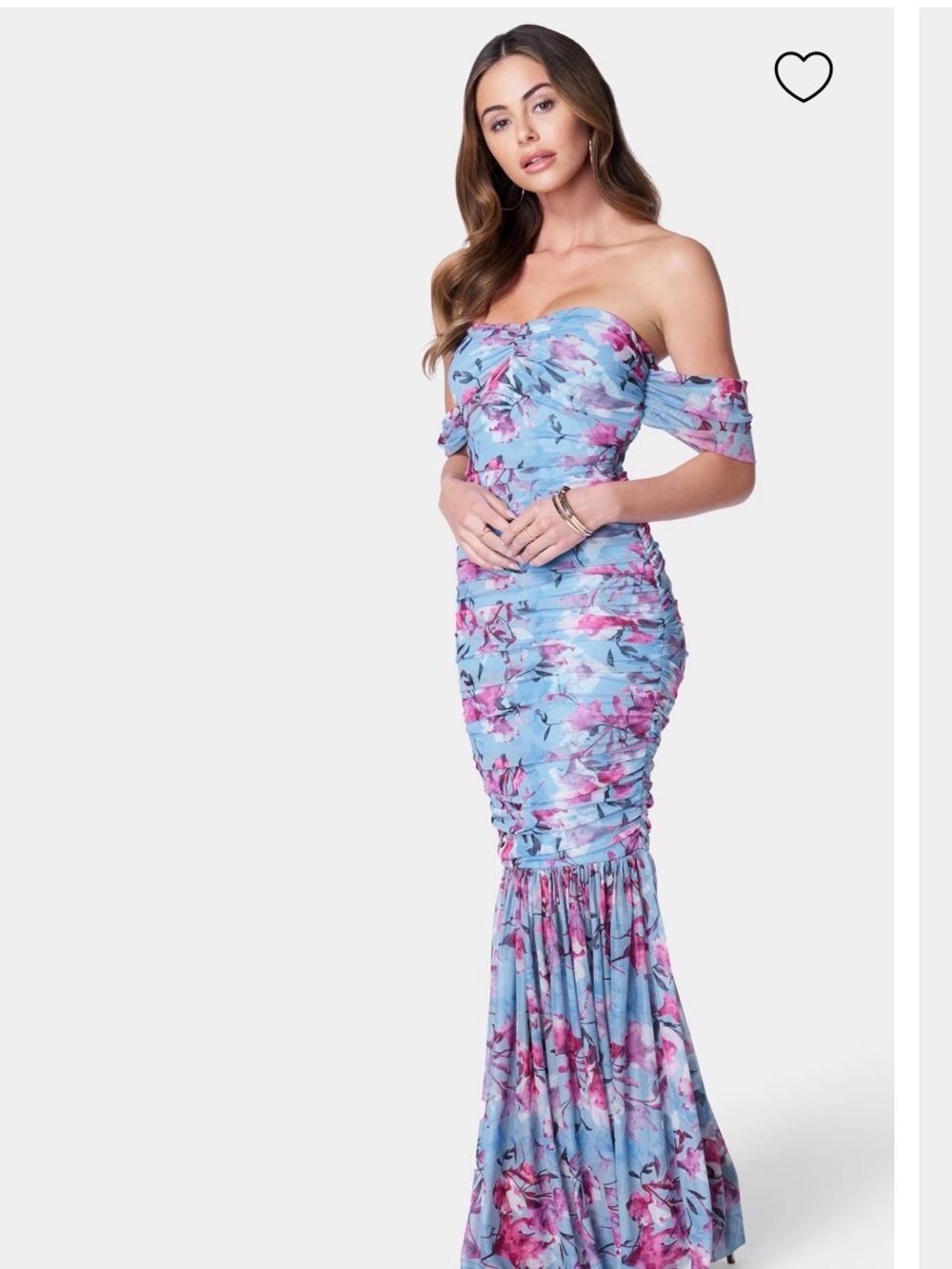 Bebe Off-Shoulder Floral Ruched Mermaid Dress in Light Blue and Pink NWT